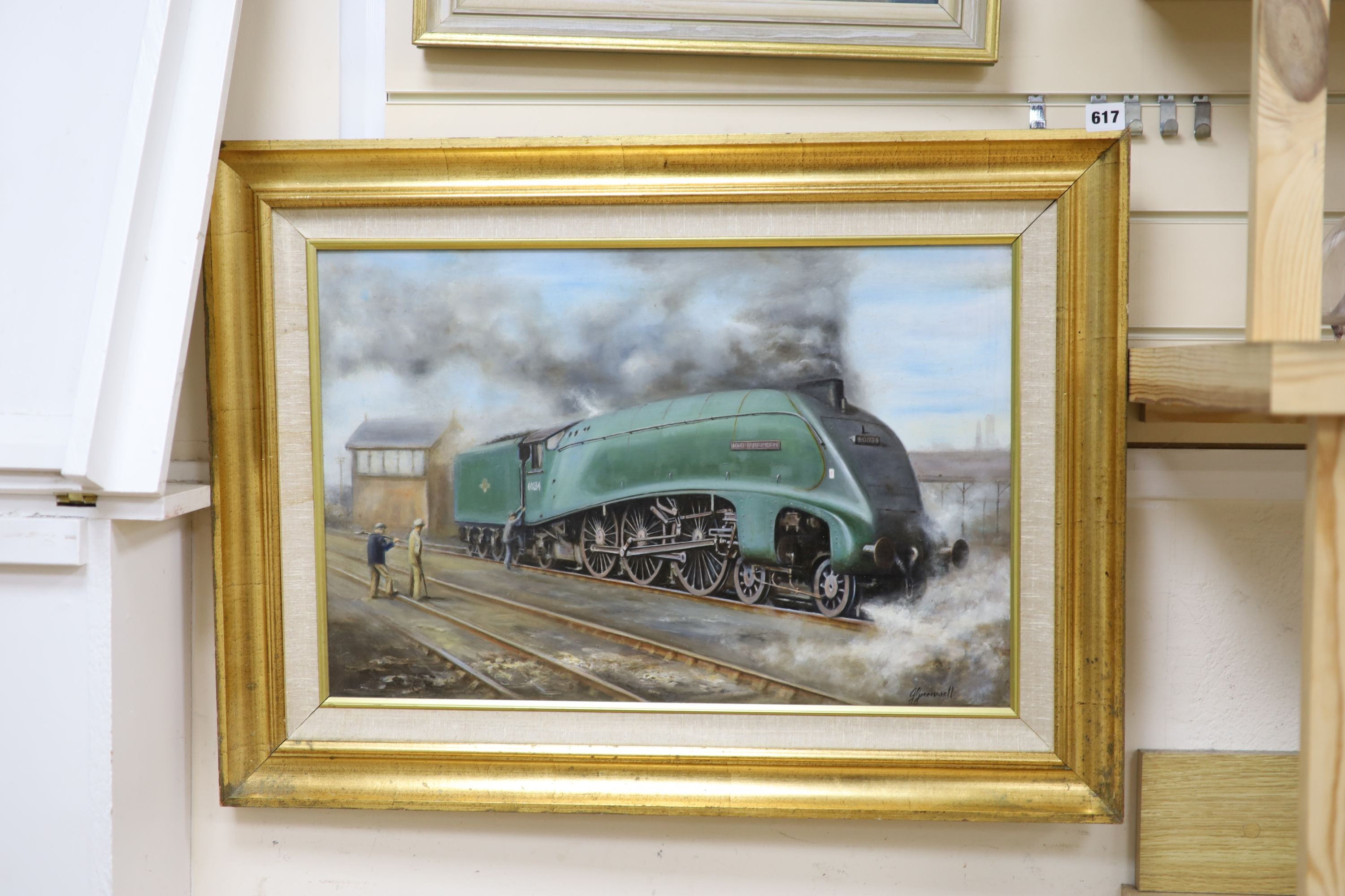 J. Greenwell, oil on board, Portrait of the locomotive Lord Farrindon, signed, 39 x 60cm